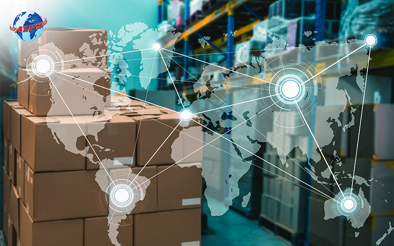 Boxes in warehouse with global logistics network overlay.