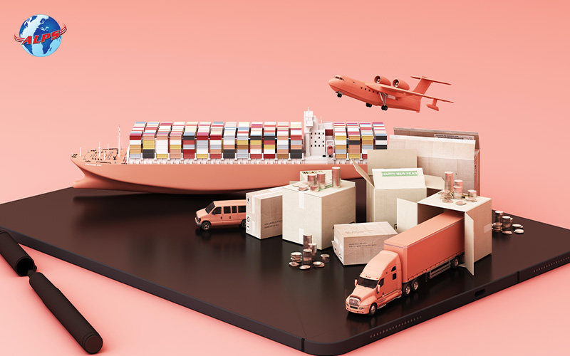 A 3D render showing various shipping methods: boat, plane, truck, and packages on a tablet