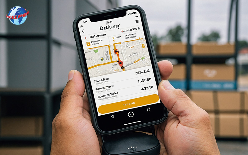Hands hold a smartphone displaying a delivery tracking map and details